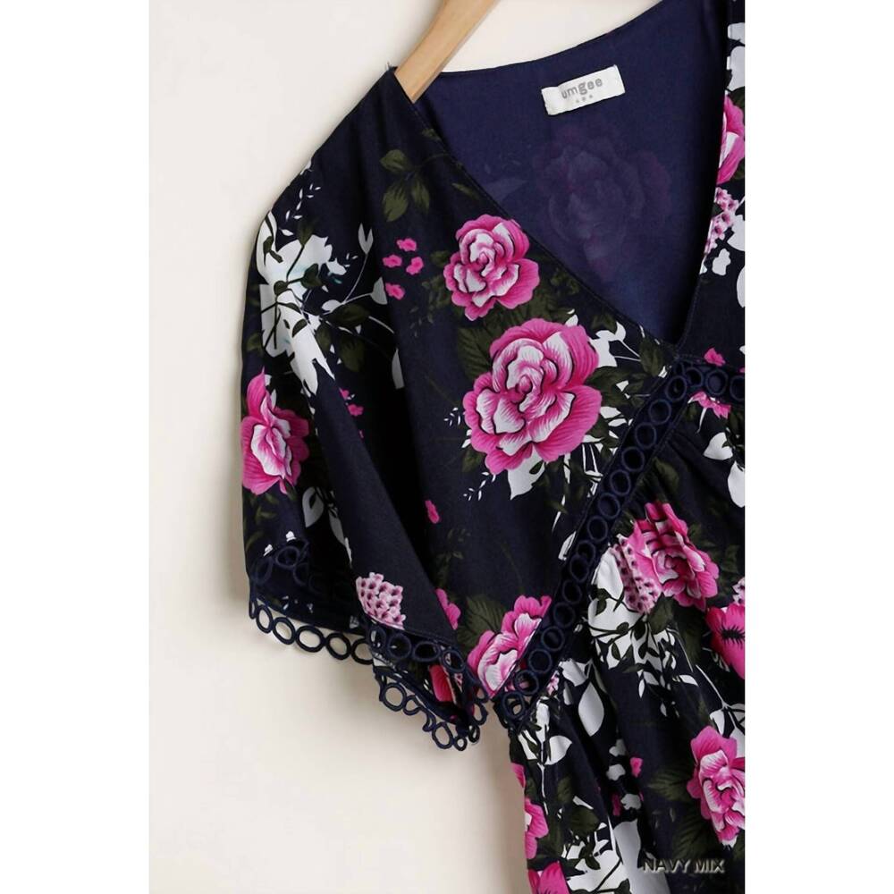 NEW UMGEE women's floral v-neck crochet detail dress in navy - Picture 3 of 4
